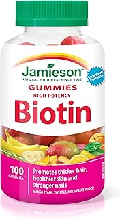 Jamieson High Potency Biotin Gummies with Vitamin C and E, Mixed Flavours, Supports Thicker Hair, Healthier Skin and Stronger Nails. Vegetarian, Gelatin-Free, Gluten-Free, No Artificial Flavours, Colours, or Preservatives, 100 Count