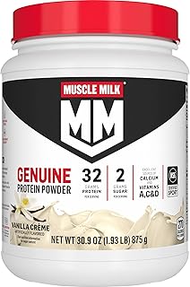Muscle Milk Genuine Protein Powder, Vanilla Crème, 1.93 Pounds, 12 Servings, 32g Protein, 2g Sugar, Calcium, Vitamins A, C & D, NSF Certified for Sport, Energizing Snack, Packaging May Vary