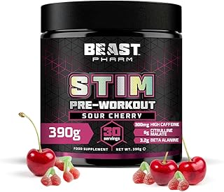 Beast Stim Pre Workout Powder - 30 Servings - Gym Supplements for Men and Women 390g - Beta Alanine Preworkout - Sour Cherry