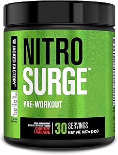 Jacked Factory NITROSURGE Pre Workout Supplement - Endless Energy, Instant Strength Gains, Clear Focus, Intense Pumps - NO Booster & Preworkout Powder with Beta Alanine - 30 Servings, Cherry Limeade