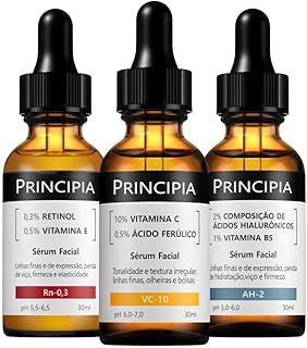 Principia Kit Trio Séruns com alta eficácia comprovada clinicamente: um com Vitamina C + Ácido Ferúlico, um com Retinol + Vitamina E e um com Ácidos Hialurônicos