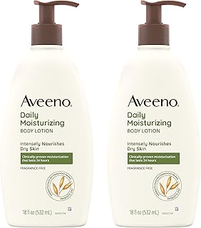 Aveeno Daily Moisturizing Body Lotion with Soothing Prebiotic Oat, Gentle Lotion Nourishes Dry Skin With Moisture, Paraben-, Dye- & Fragrance-Free, Non-Greasy & Non-Comedogenic, 2 x 18 oz