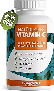 Natürliches VITAMIN C - 180 Kapseln - mit 400 mg Vitamin C aus Amla, Acerola, Camu-Camu & Hagebutten pro Tag - Vitamin C Komplex - 100% vegan - laborgeprüft mit Zertifikat - Vorrat für 3 Monate