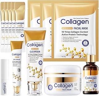 13 Stück Collagen Skincare Set, Anti Aging Korean Skincare Set mit Gesichtsreiniger, Creme, Serum, Maske & Lippenbalsam, Feuchtigkeit & Straffend Gesichtspflege Set Damen, Perfektes Damen Geschenkset