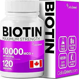 Biotin 10,000mcg MAXIMUM STRENGTH (with Vitamin D, Calcium & Magnesium). Vegan, Non GMO. Made in Canada. 120 Easy to Swallow Capsules