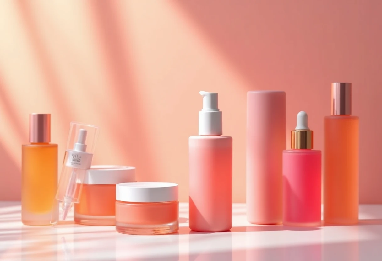 Array of colorful makeup products