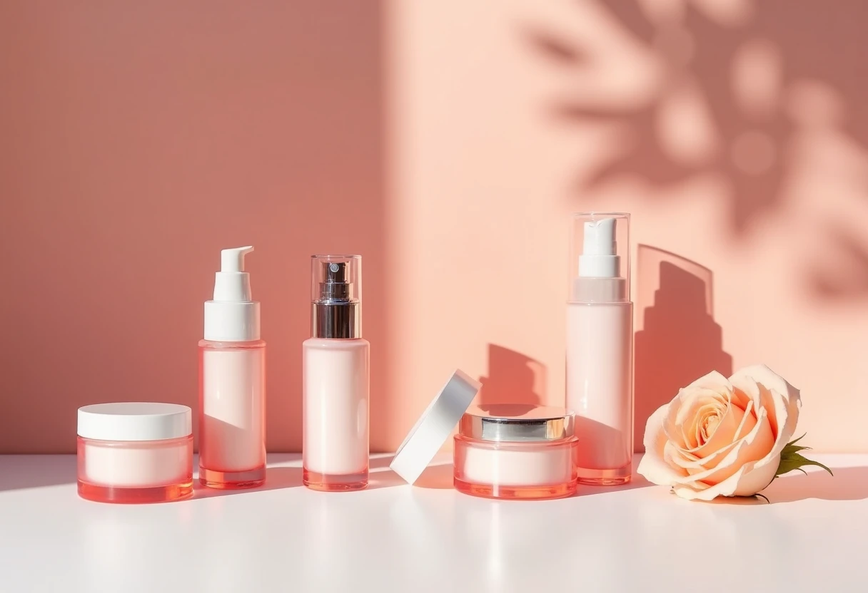 Arrangierte Skincare-Produkte auf einem Schreibtisch