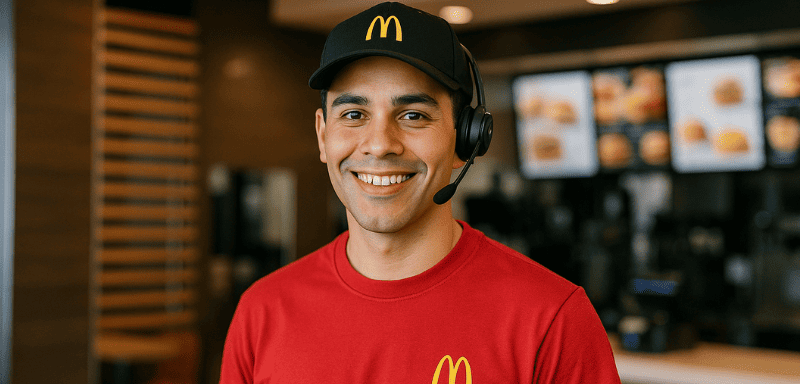 Empleado uniformado de McDonald's, sonriendo.