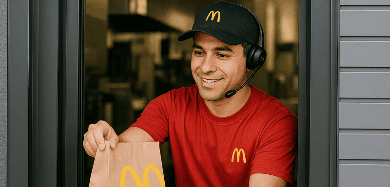 Empleado de McDonald's entregando comida.