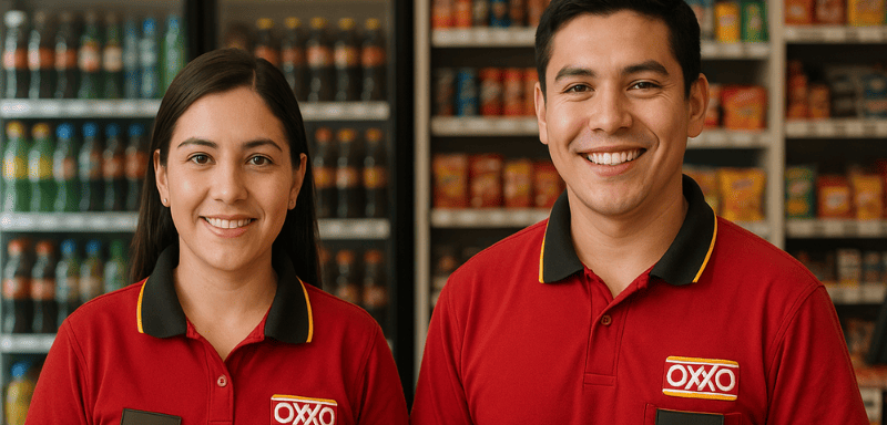 Dos empleados de OXXO, uniformados.