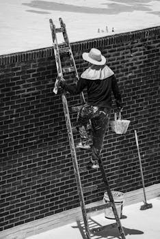 A monochrome scene of a worker climbing ladder to paint a brick wall.