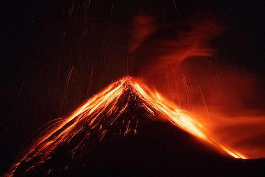 Spectacular eruption of Acatenango Volcano in Guatemala captured during the night.
