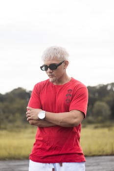 Stylish man with sunglasses in a red t-shirt and short hair standing outdoors.