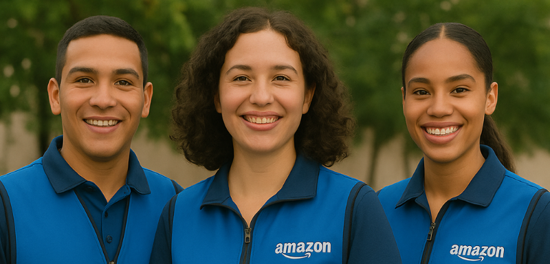 Empleados de Amazon sonriendo.